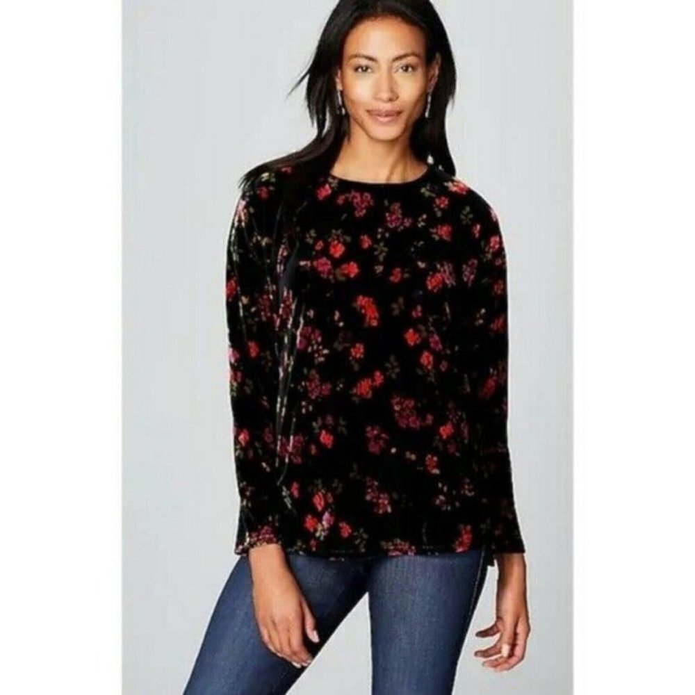 J. Jill Black Velvet Long-Sleeve Top with Red Floral Print